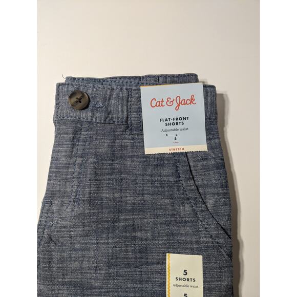 Cat & Jack Boys Flat Front Chino Shorts Blue 5 Stretchy Adjustable Waist Pockets - Picture 2 of 8
